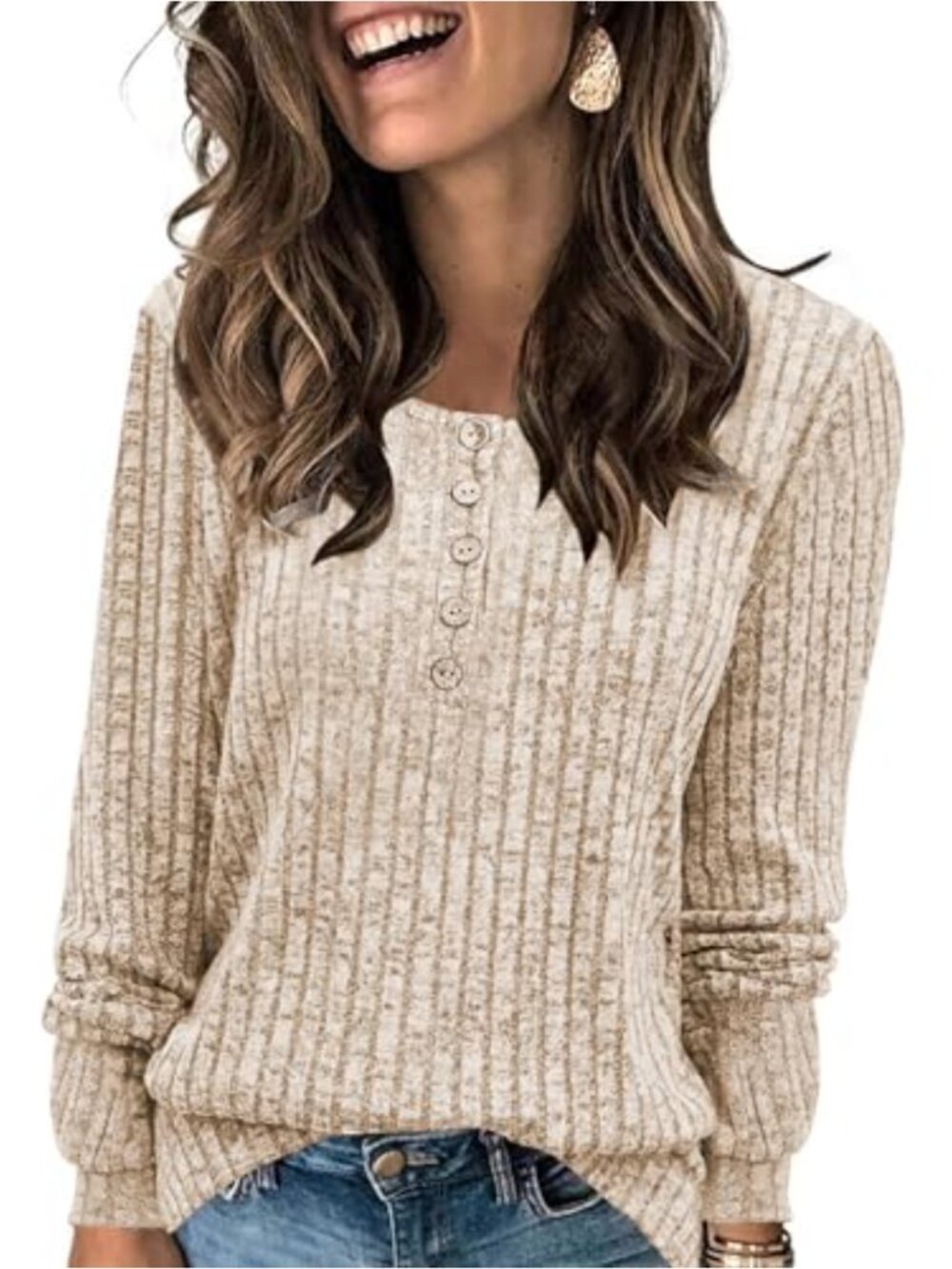 Women's Lightweight Henley Tunic Sweater Long Sleeve Knit Top